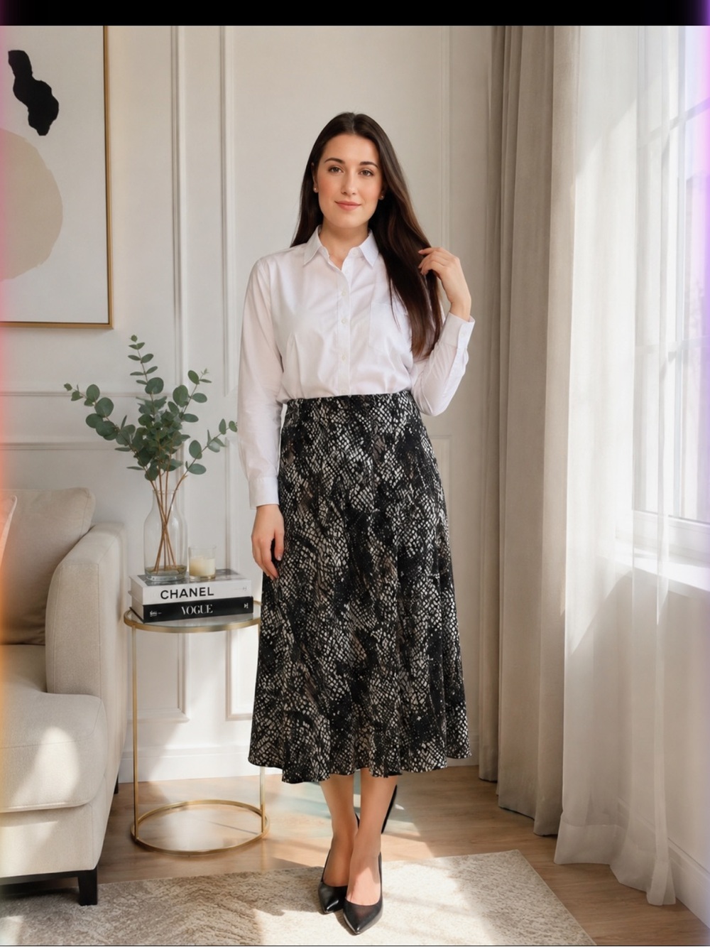 Robert Louis Black and White Patterned Midi Skirt